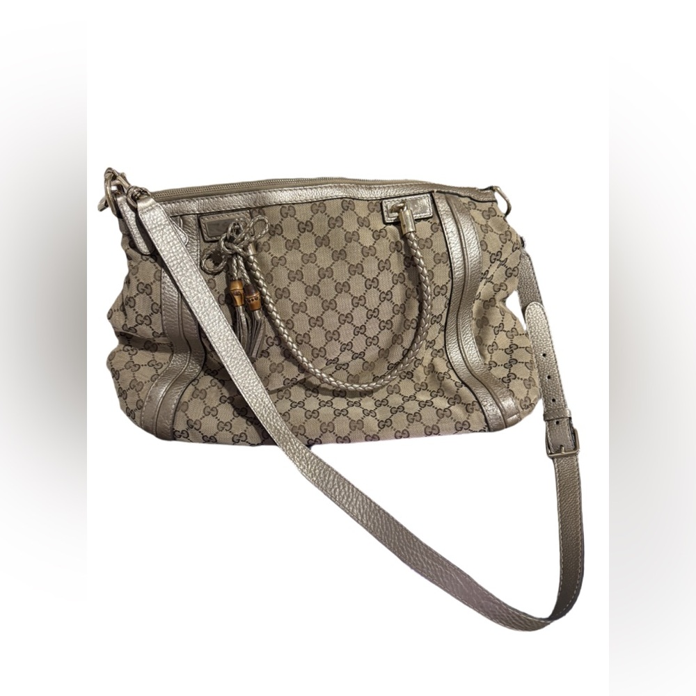 Gucci GG canvas Bella convertible tote satchel in silver metallic leather trim.